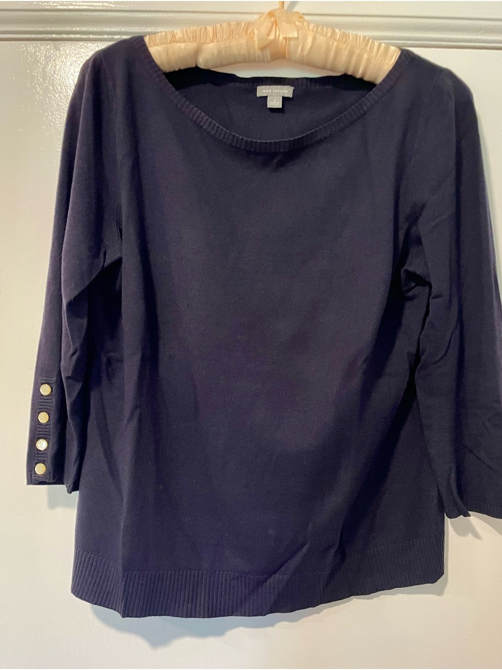 Ann Taylor Navy Crewneck Sweater with Gold Sleeve Buttons